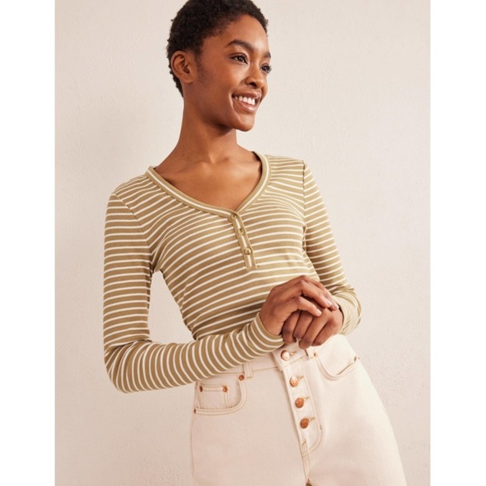 Boden Ribbed Henley Long‎ Sleeve Striped Shirt Brown Tan Cream Size 8